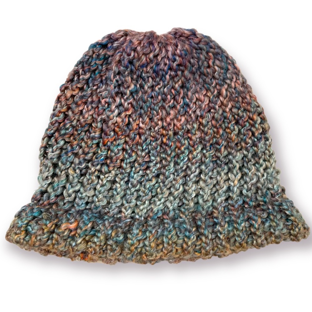 Soft Handmade Knitted Dusty Rainbow Hat | Blue Pink Purple Winter Beanie Cute